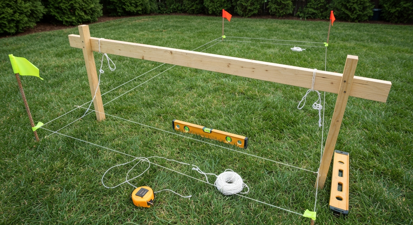 Backyard patio stakeout with batter boards, tensioned strings, and marked corner stakes.