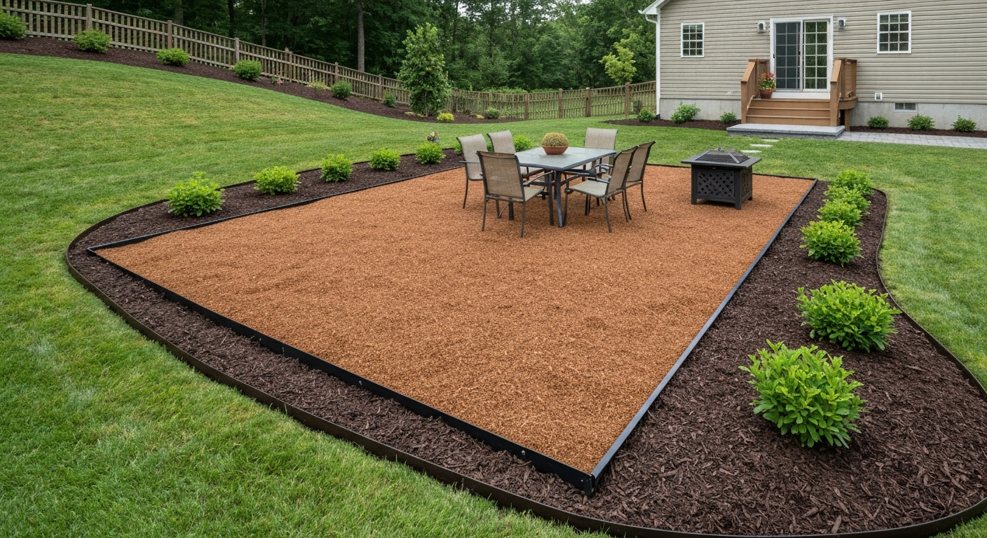 Finished mulch patio with metal edging and shredded bark surface, furnished with a table and chairs and surrounded by lawn and garden beds.