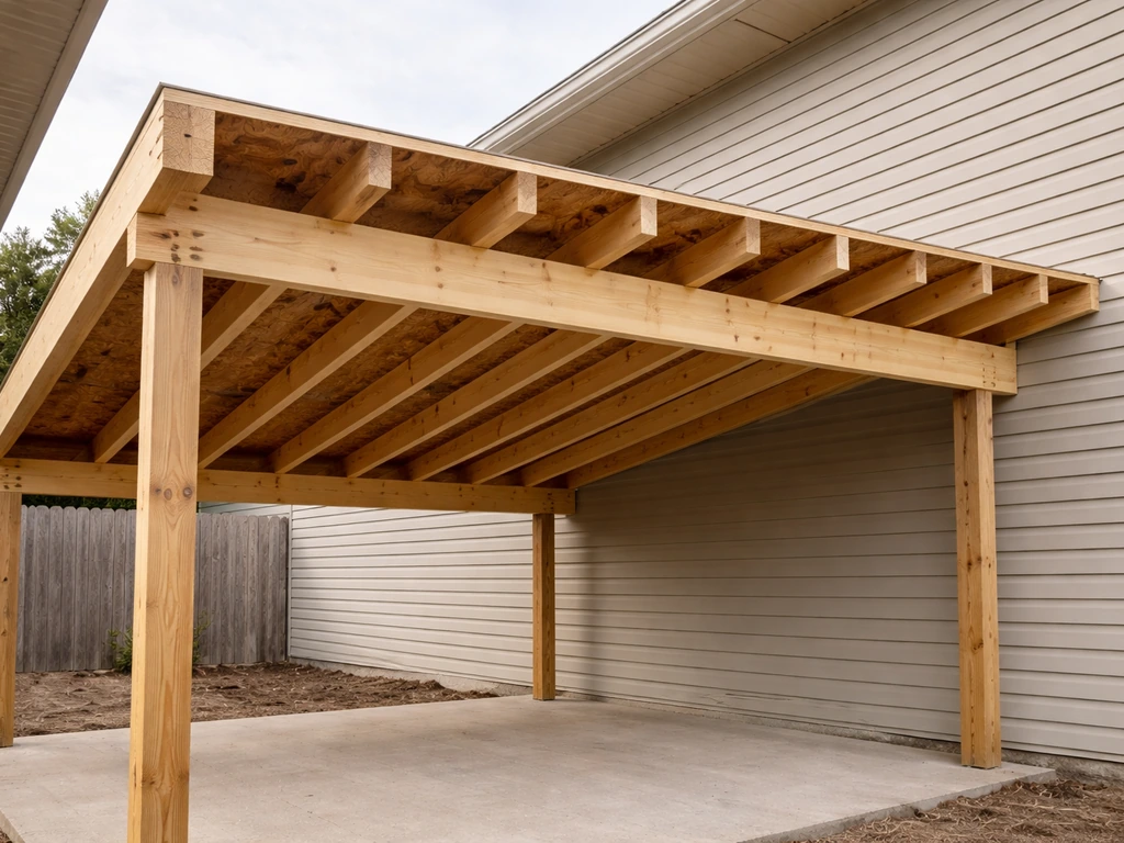 Slanted patio roof framing with rafters and sheathing being installed against a house, showing the roof pitch.