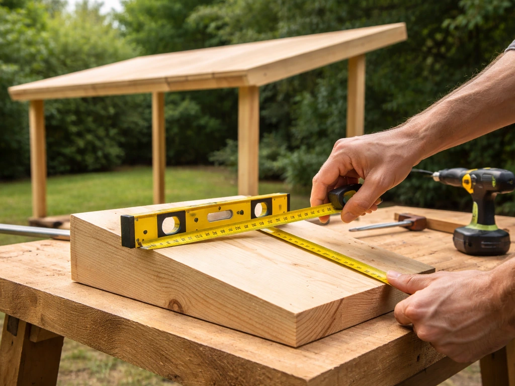 Hands measuring roof pitch with a level on a template for a sloped shed-style patio cover