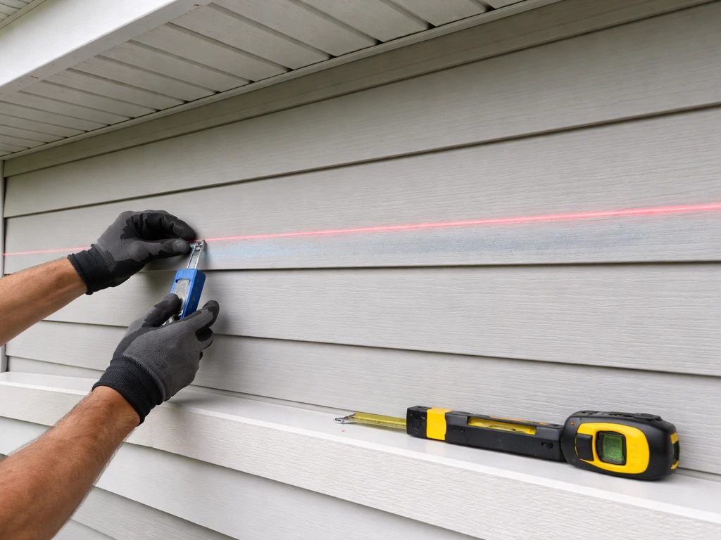 Contractor uses a level and chalk line on a house wall to mark the roof ledger height.