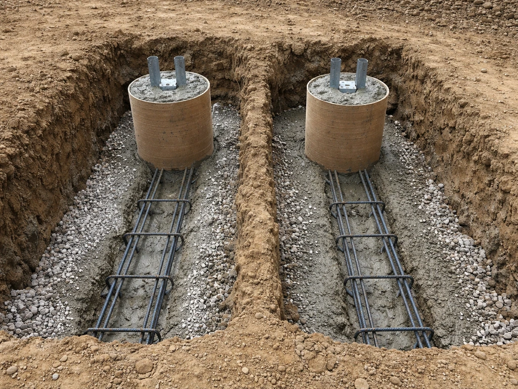 Fresh concrete footings with rebar and gravel base, plus embedded post tube forms in an outdoor foundation hole.