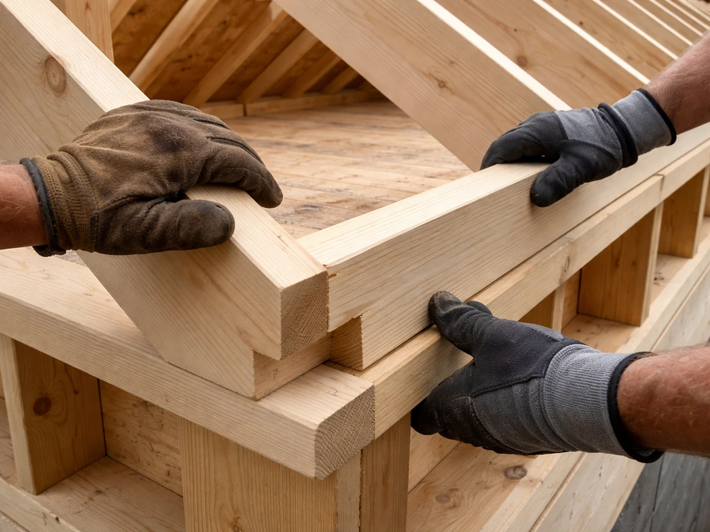 Rafters with birdsmouth notches seated on an outer beam and aligned to a ledger in a framed roof
