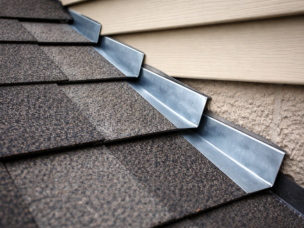 Close-up of step flashing at a house wall where roof shingles meet, showing underlayment overlap.