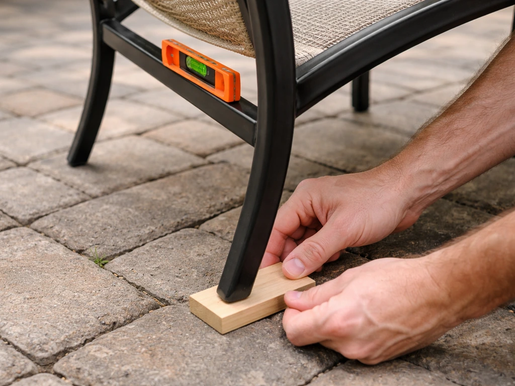 Hands shim and level a wobbly patio chair on uneven pavers, with a bubble level visible.