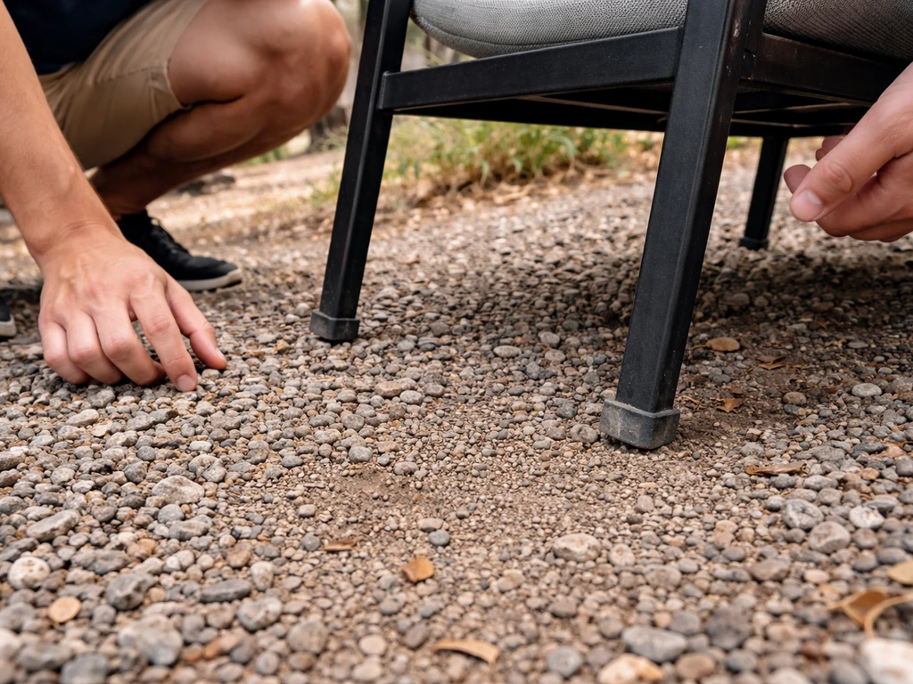Crouching hands inspect patio chair feet; one worn leg is shorter, leaving a visible gap on uneven ground.