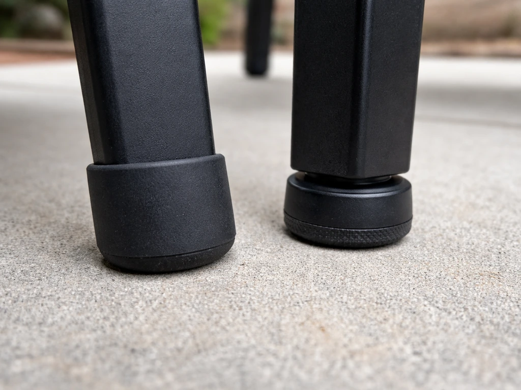Close-up of rubber and plastic furniture glides on the bottoms of patio chair and table legs