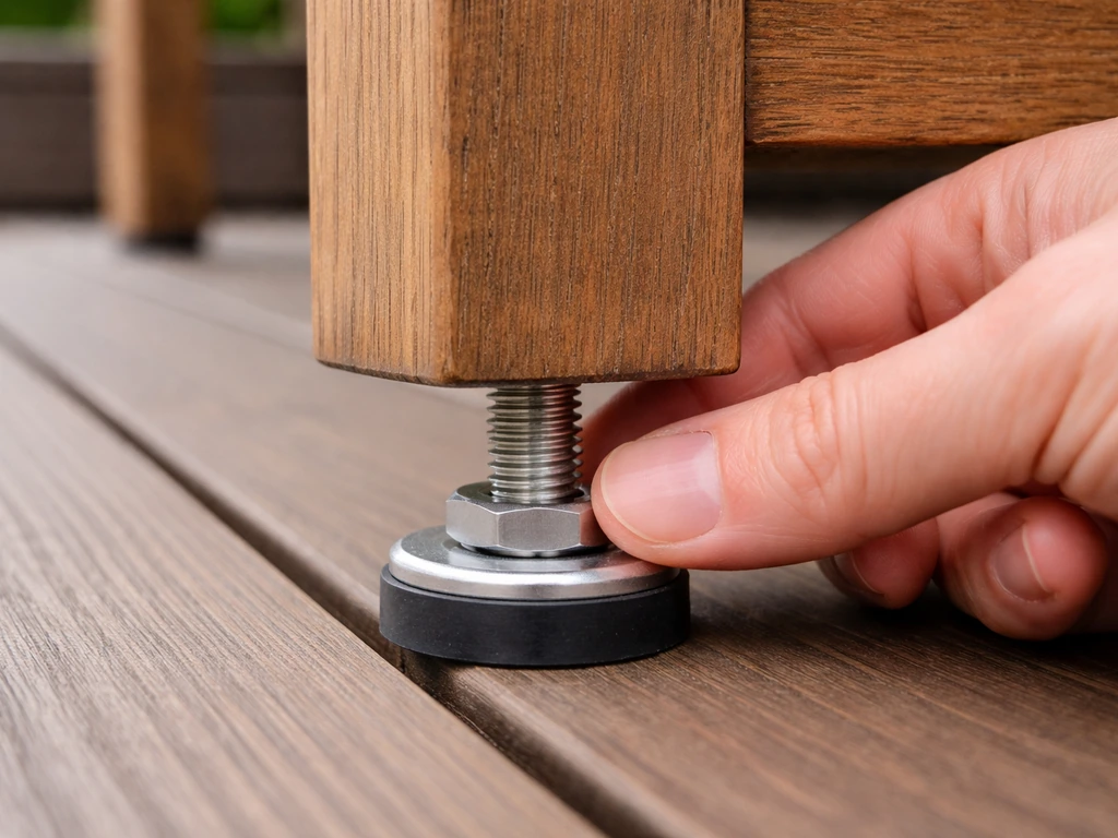 Hand rotates threaded leveling feet under an outdoor table leg to stop wobbling.