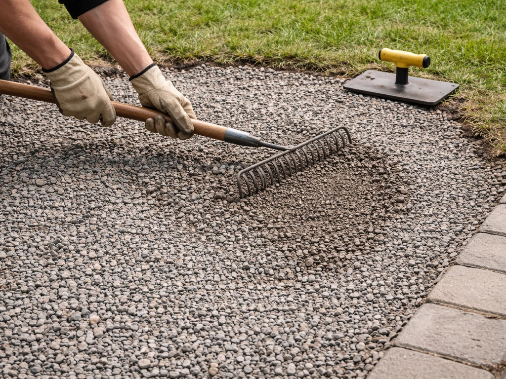 Hands rake and spread compactable gravel into a low patio spot, with a tamper nearby.