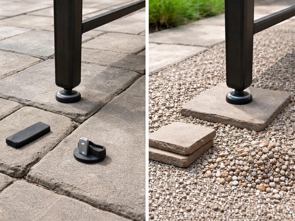 Side-by-side view of uneven pavers and gravel patio, each with furniture leg leveling materials nearby.