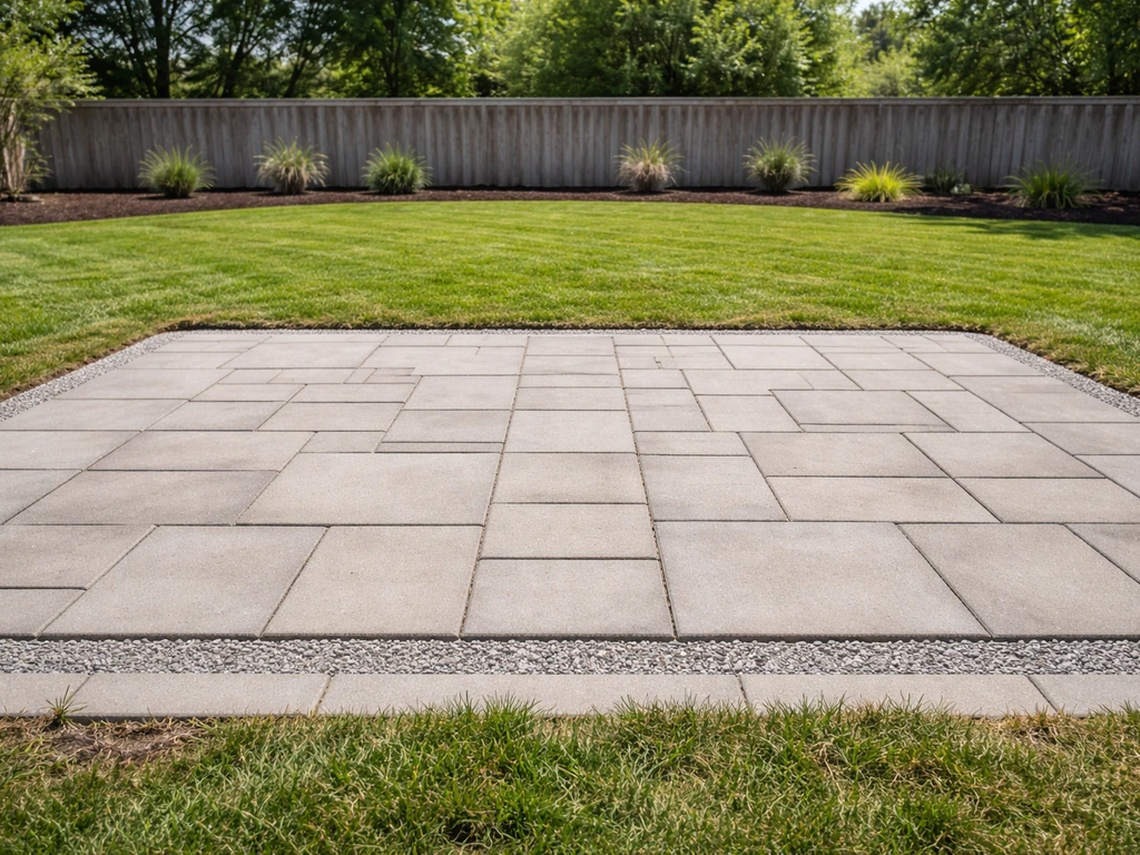 Sunny backyard showing a newly built paver patio replacing a former grassy lawn area.