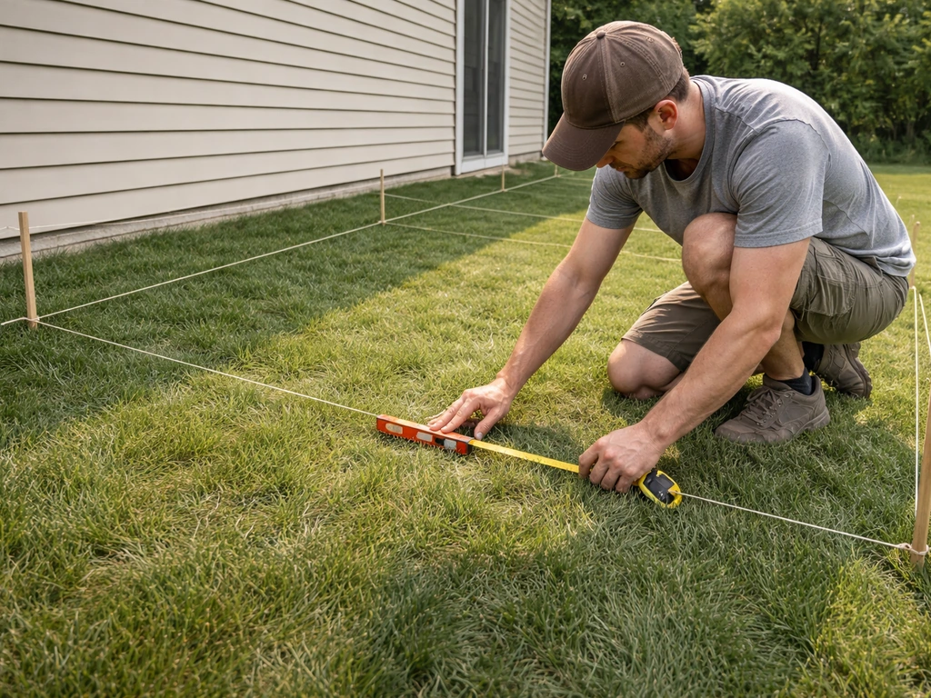 Anonymous homeowner kneeling on lawn, measuring yard slope with small level and stakes marking patio area.