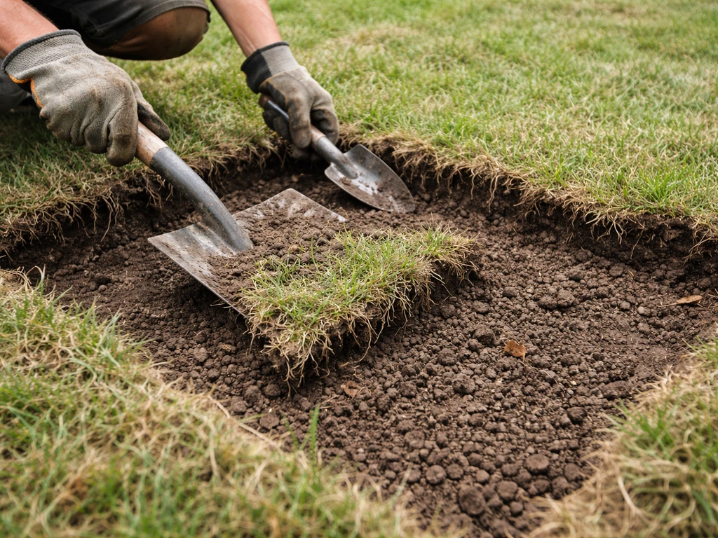 Close-up of turf and topsoil being removed from a rectangular patio area, exposing dark soil and roots.
