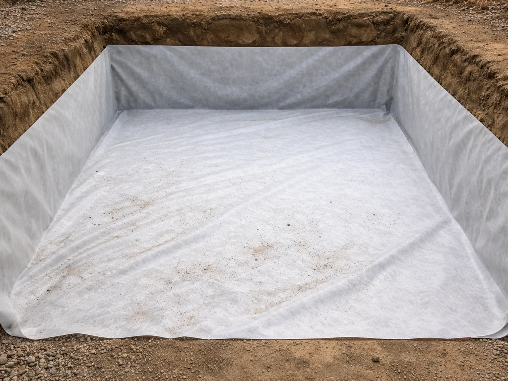 Non-woven geotextile spread over an excavated patio base, with fabric folded up along the edges