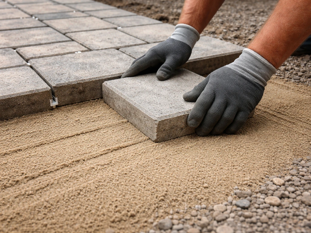 Concrete pavers set into a fresh 1-inch bedding sand layer with small spacers on a patio base.