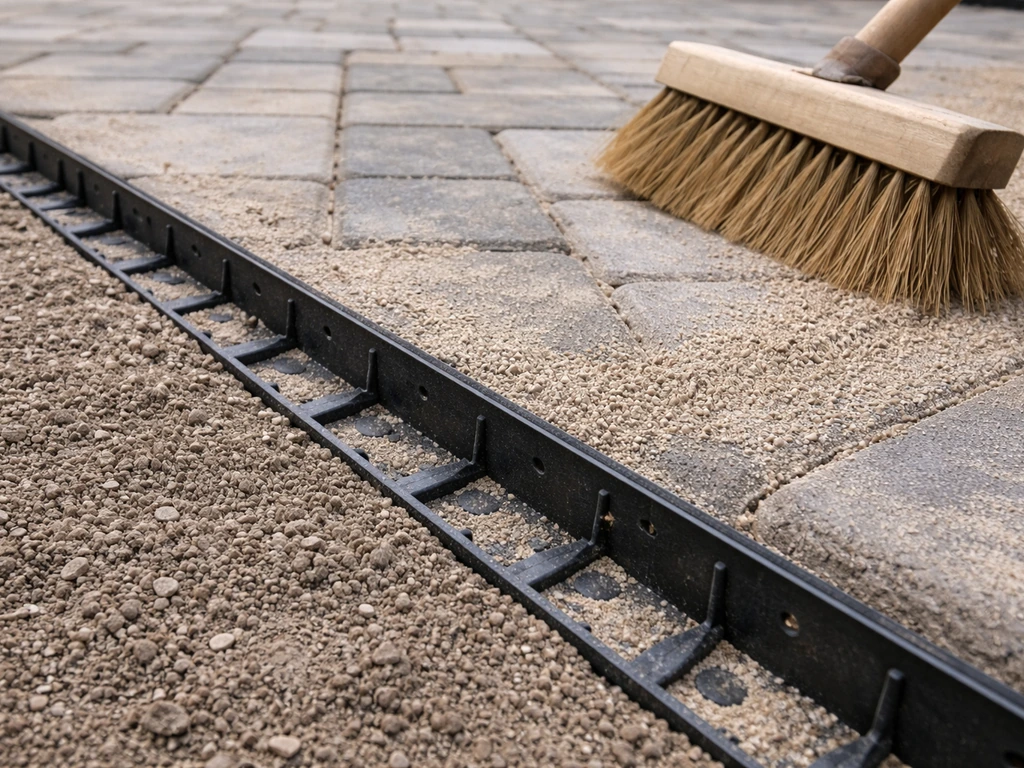 Close view of installed edging along pavers with joint sand brushed into seams