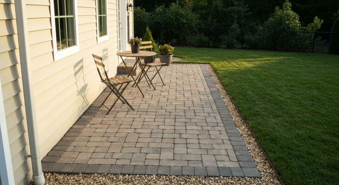 Finished backyard paver patio beside house with table and chairs, neat edging and lawn beyond.