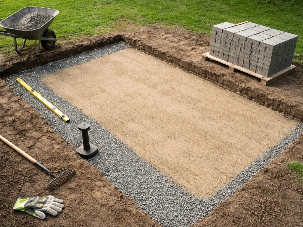 Overhead DIY view of a raised patio base with gravel layers, tools, and pavers ready for edging
