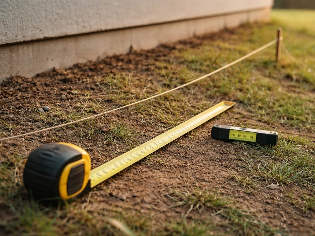 Tape measure and level resting on grass beside a house foundation, showing planning for elevation and drainage slope.