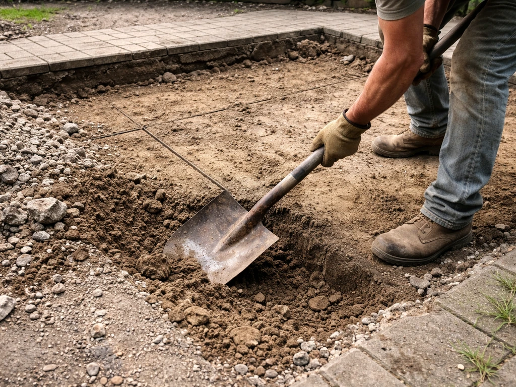 Hands using a shovel and spade to remove old patio material, exposing the subgrade soil with depth marked.