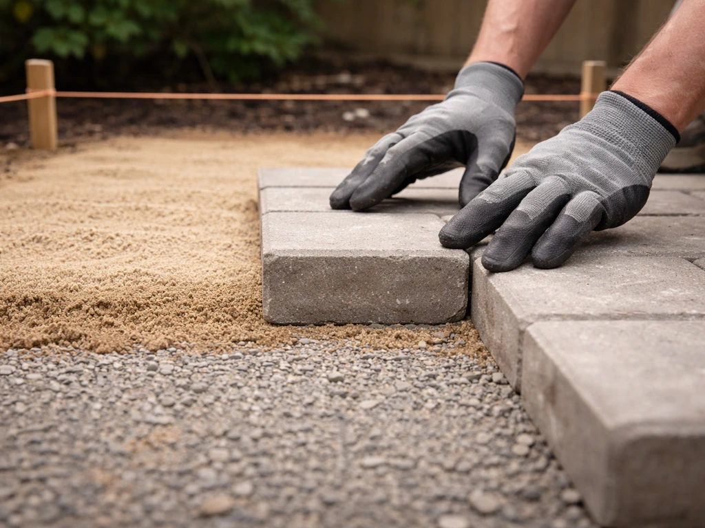 Close-up of bedding sand and the first pavers being set, aligned to taut string lines for height control.