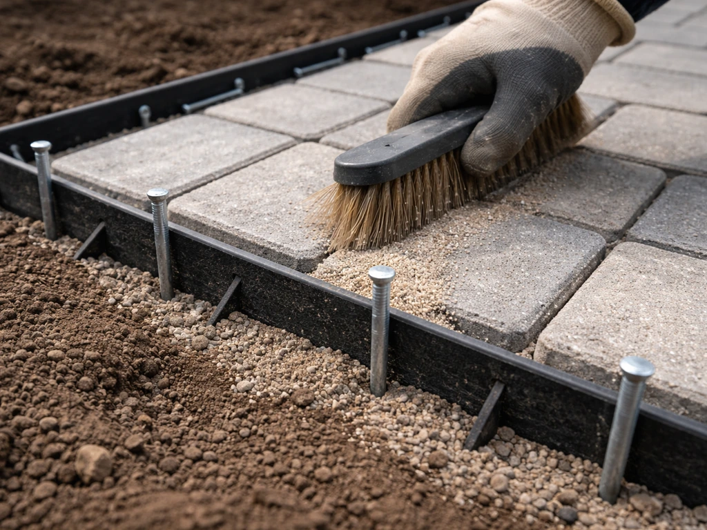 Close-up of landscape edging pinned with spikes, with polymeric sand brushed into paver joints.