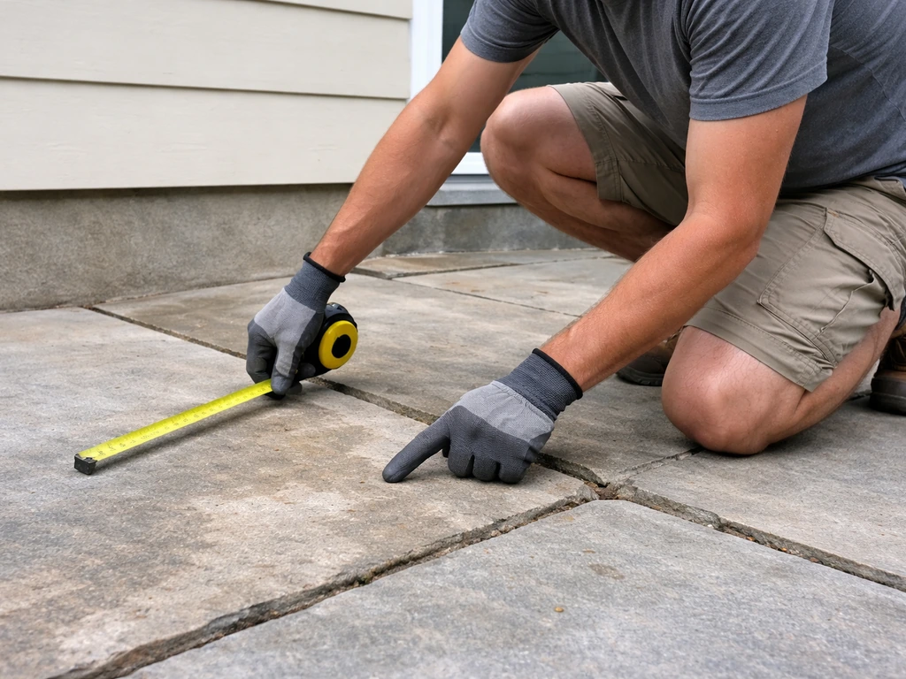 Homeowner kneeling on a patio, examining stains and cracks with a tape measure