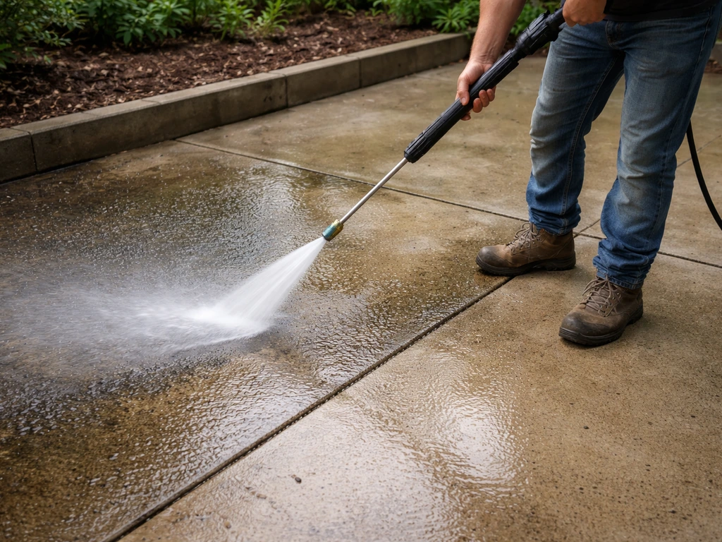 Person pressure-washing a concrete patio with a water wand, removing mildew and dirt before a coating