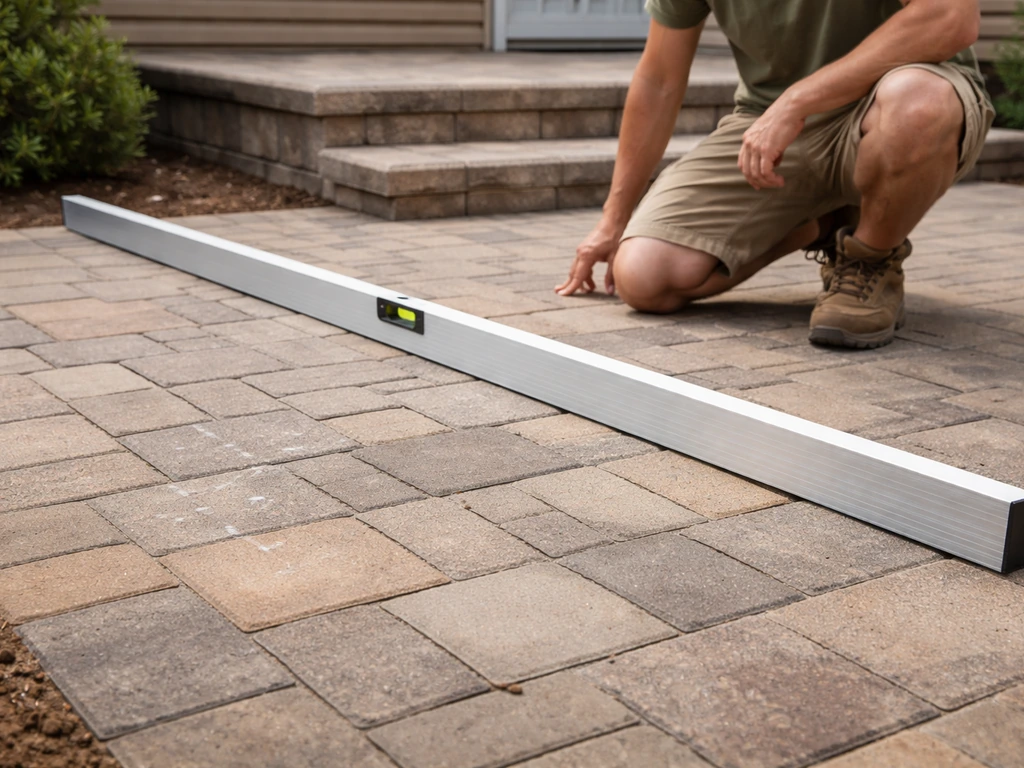 Kneeling DIY check: a long straightedge and level placed across patio pavers with small chalk marks for low spots.