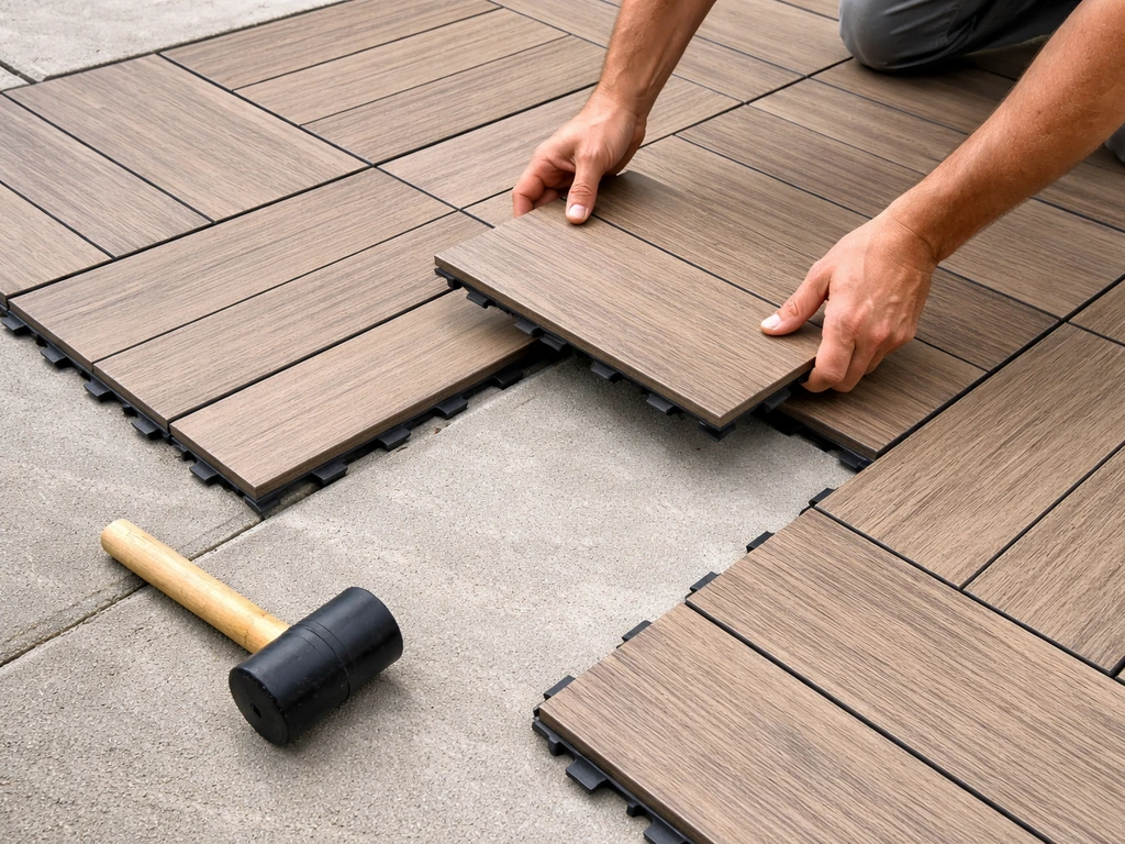 Hands snapping interlocking deck tiles onto a patio, showing aligned grid and fitted edges.