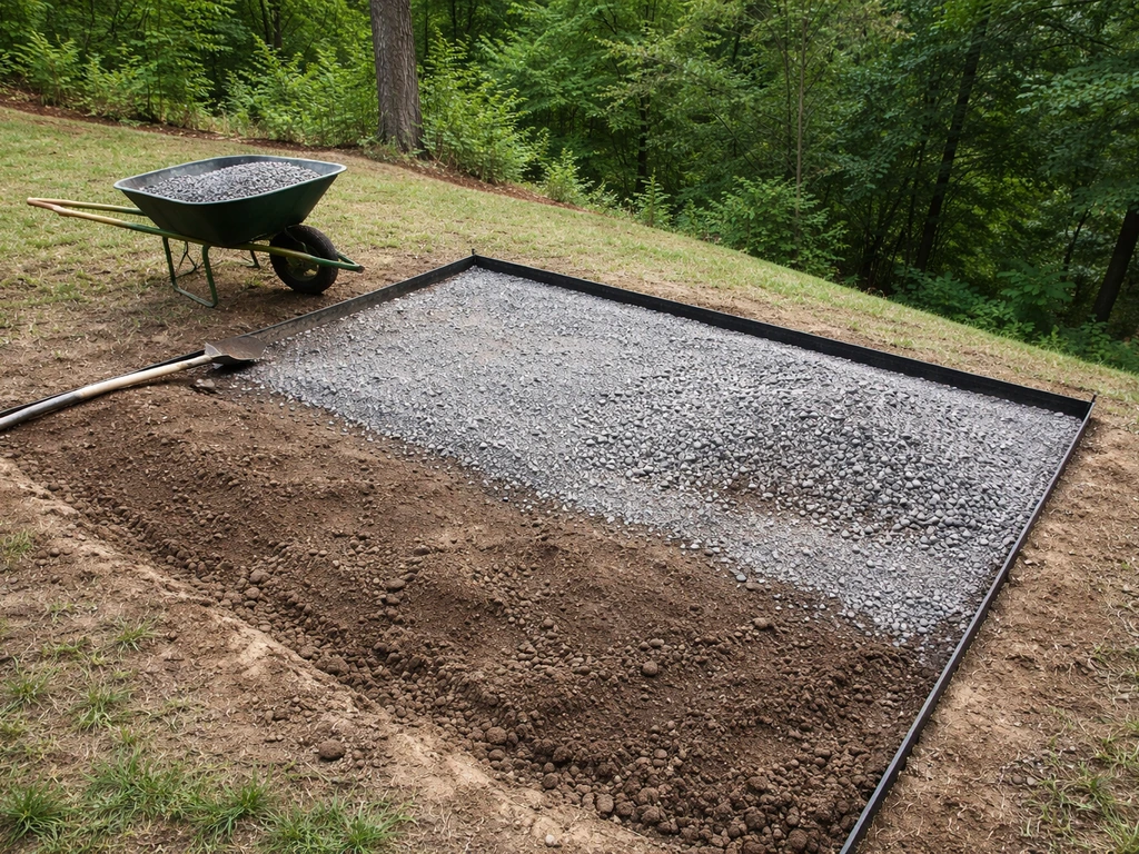 DIY gravel patio base being laid on a sloped backyard with clean downhill edging and excavated ground