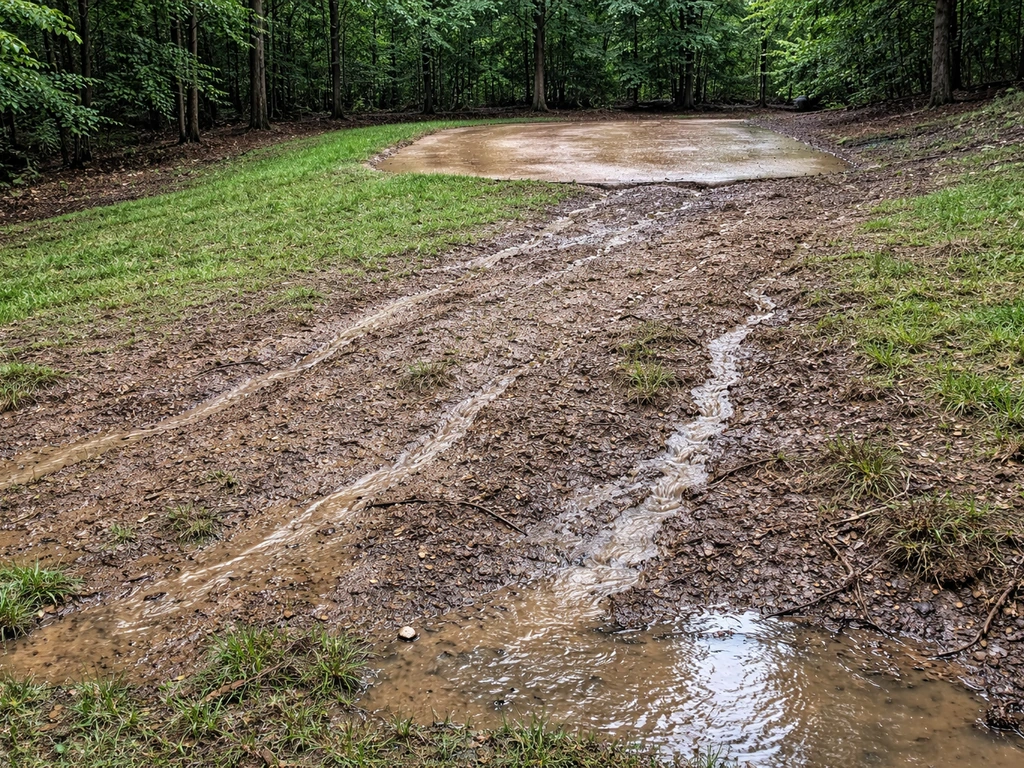 After-rain view of a sloped yard showing runoff paths and puddles toward the future patio area