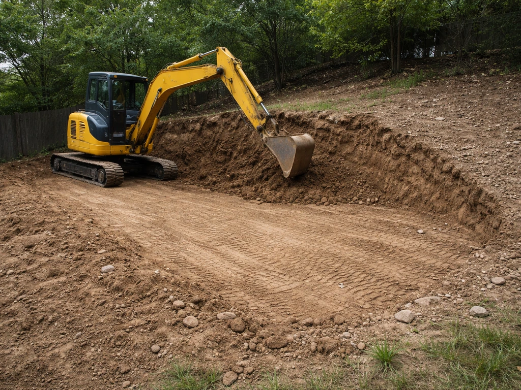 Backhoe excavating an uneven patio site, showing deeper digging uphill and a graded level working pad.