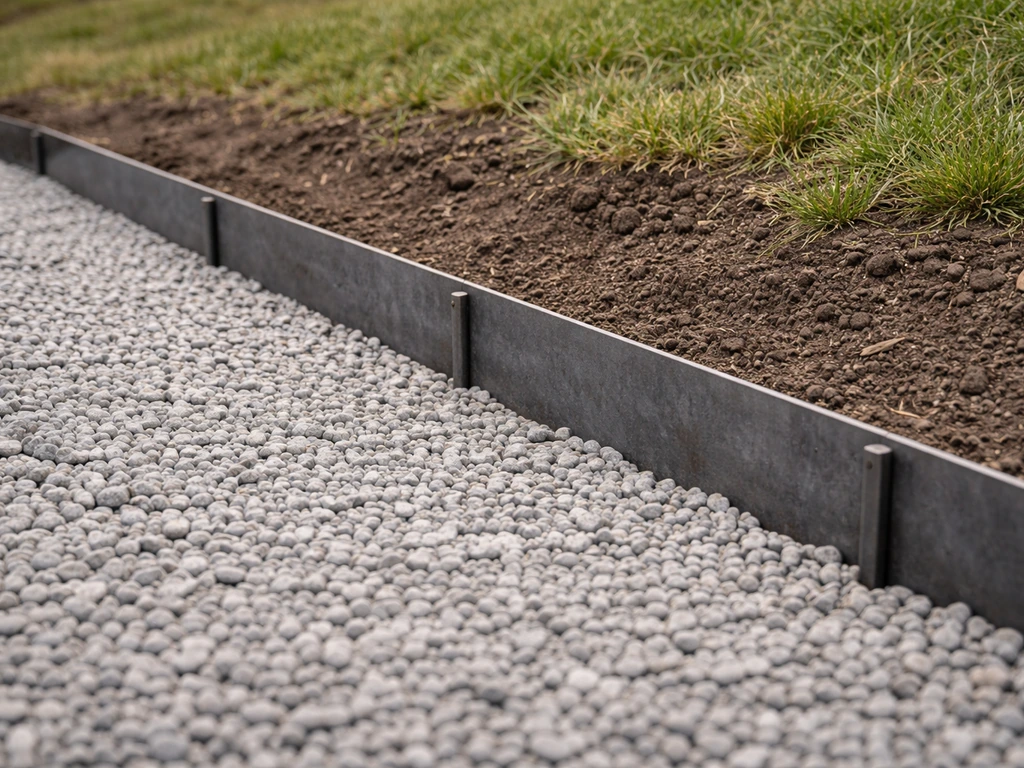 Steel landscape edging staked on a mild slope holding gravel in place along the downhill edge.