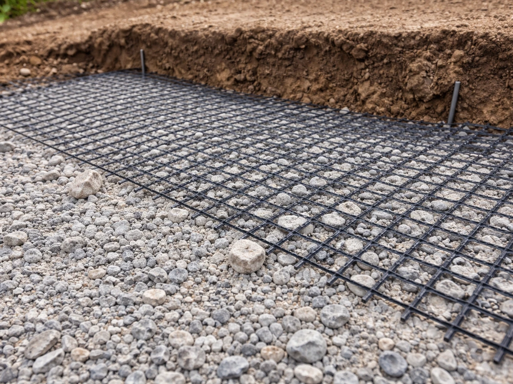 Close-up of geogrid mesh laid in a gravel base on a sloped patio edge, held in place before covering