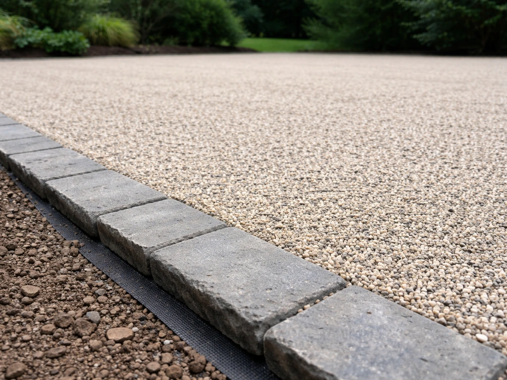 Clean, finished gravel patio with evenly leveled surface and neatly trimmed geotextile at the edging
