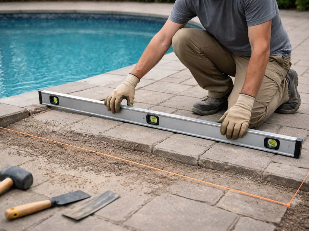 DIY worker kneels beside a pool patio, using a long level and string line to check the patio grade.