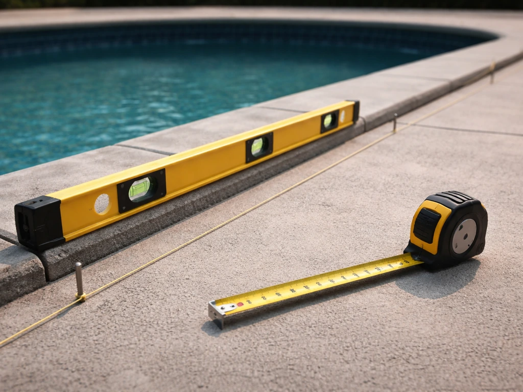 Close-up of a 4-foot level and tape measure mapping poolside patio slope with a string line at coping height
