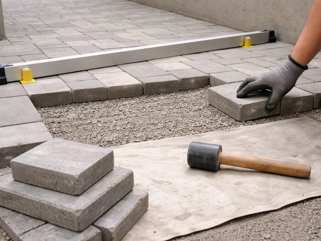 Side-by-side view of workers resetting concrete pavers on compacted base with a leveling spacer