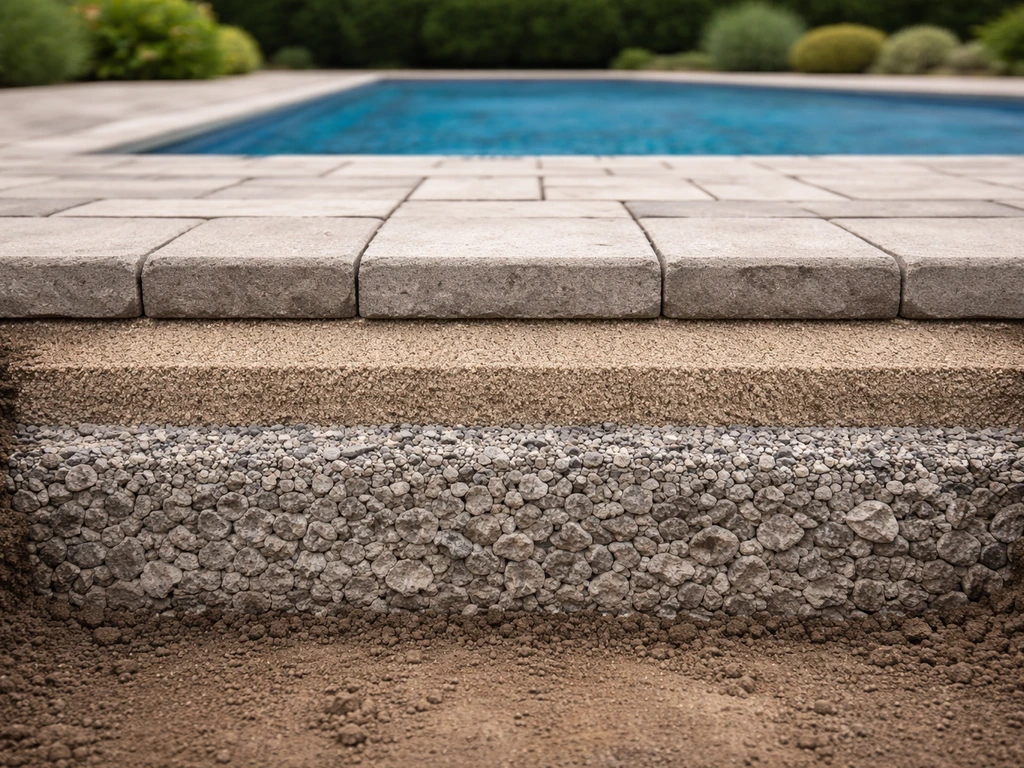 Cross-section of a properly compacted crushed-stone patio base with graded layers under pavers.