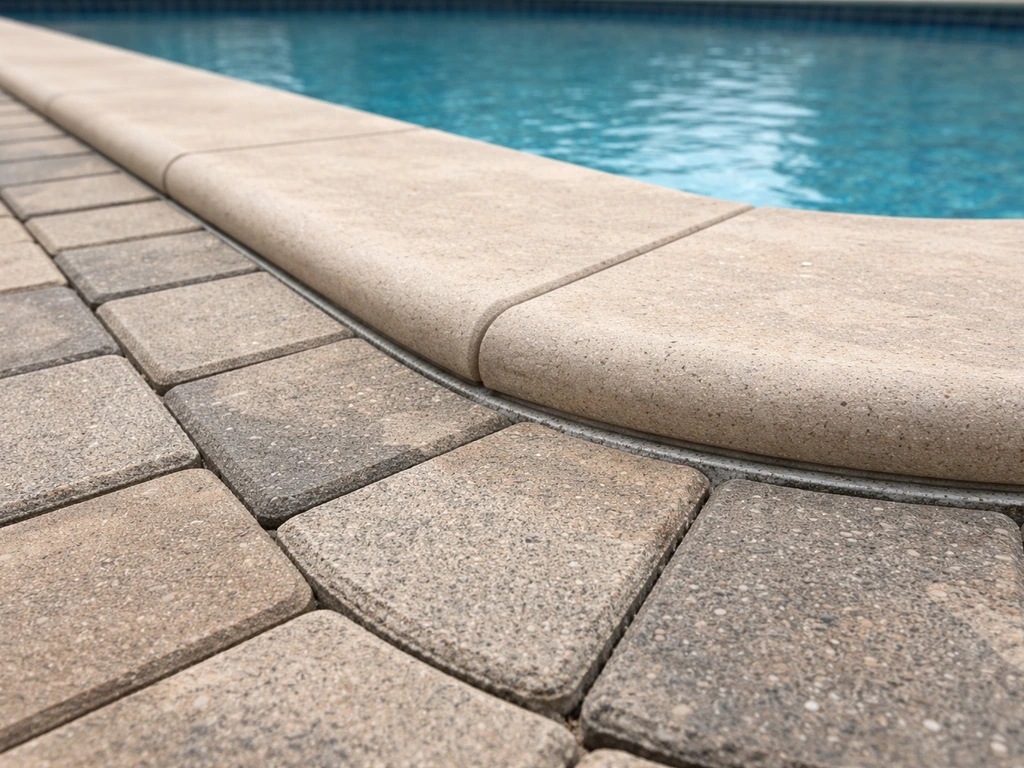 Close-up of restrained paver edge meeting pool coping, showing a clean transition to prevent settling.