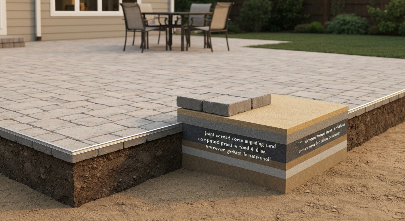 Finished sand-set patio with one paver lifted, revealing the bedding sand, compacted base, geotextile, and native soil layers underneath.