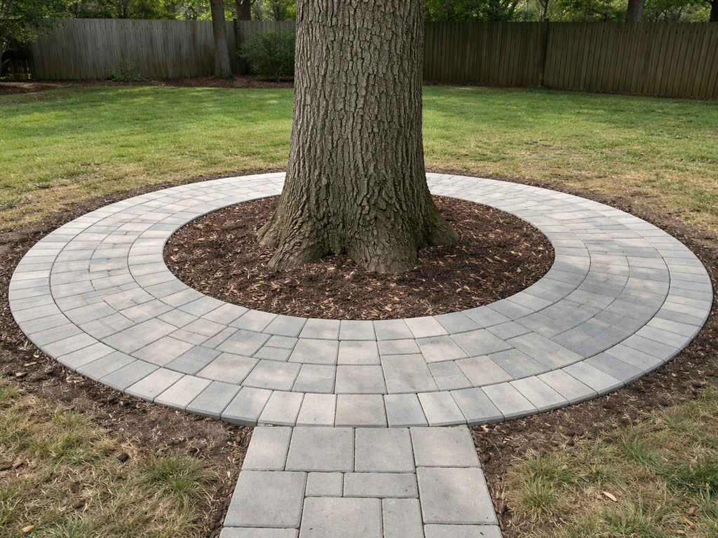 A circular paver patio built around a large mature tree, with clearance and visible mulch near the trunk.
