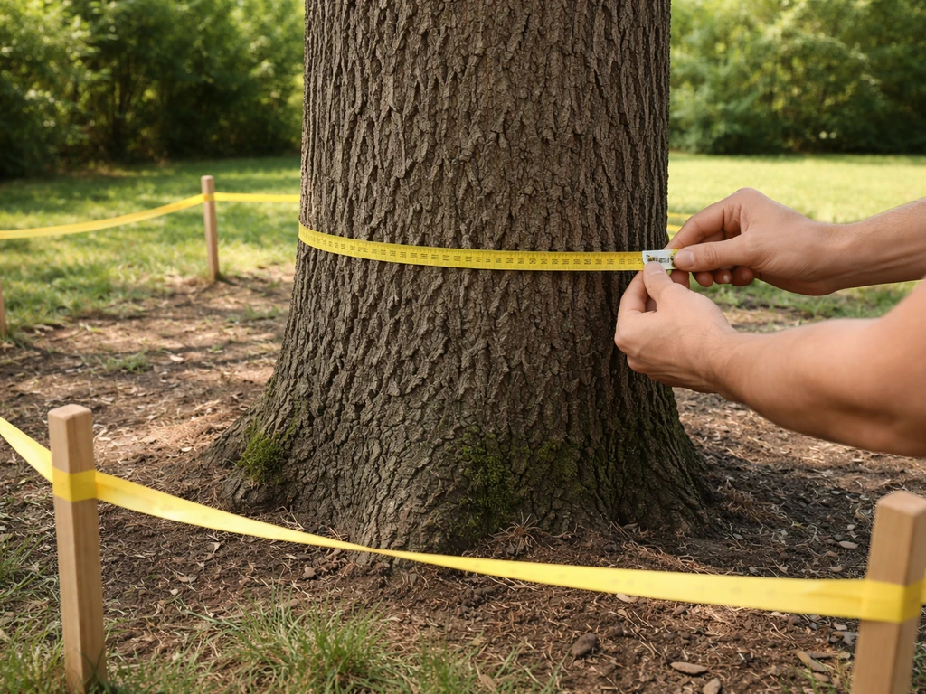 Hands measure a large tree trunk at breast height, with stakes and tape marking the work zone.