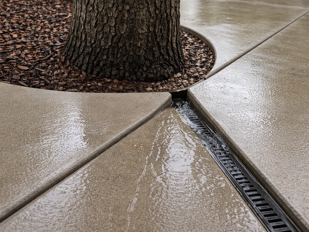 Closeup of patio edge drainage showing water flowing away from a tree trunk opening