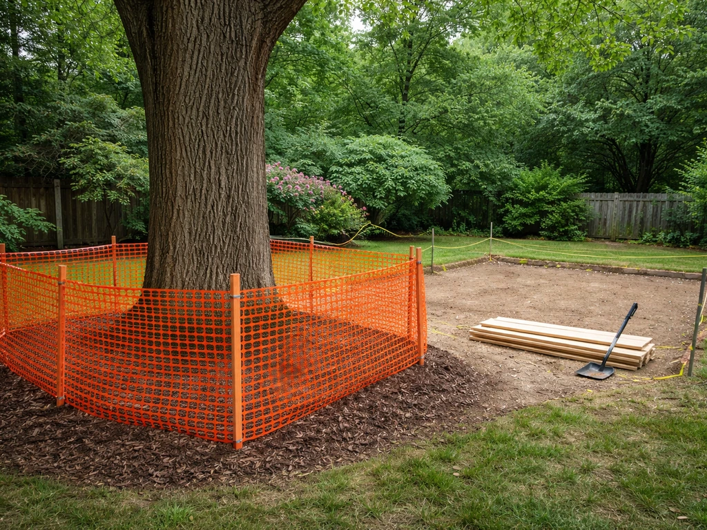 Orange fencing encloses a large tree’s root zone with stakes and strings marking patio excavation limits.