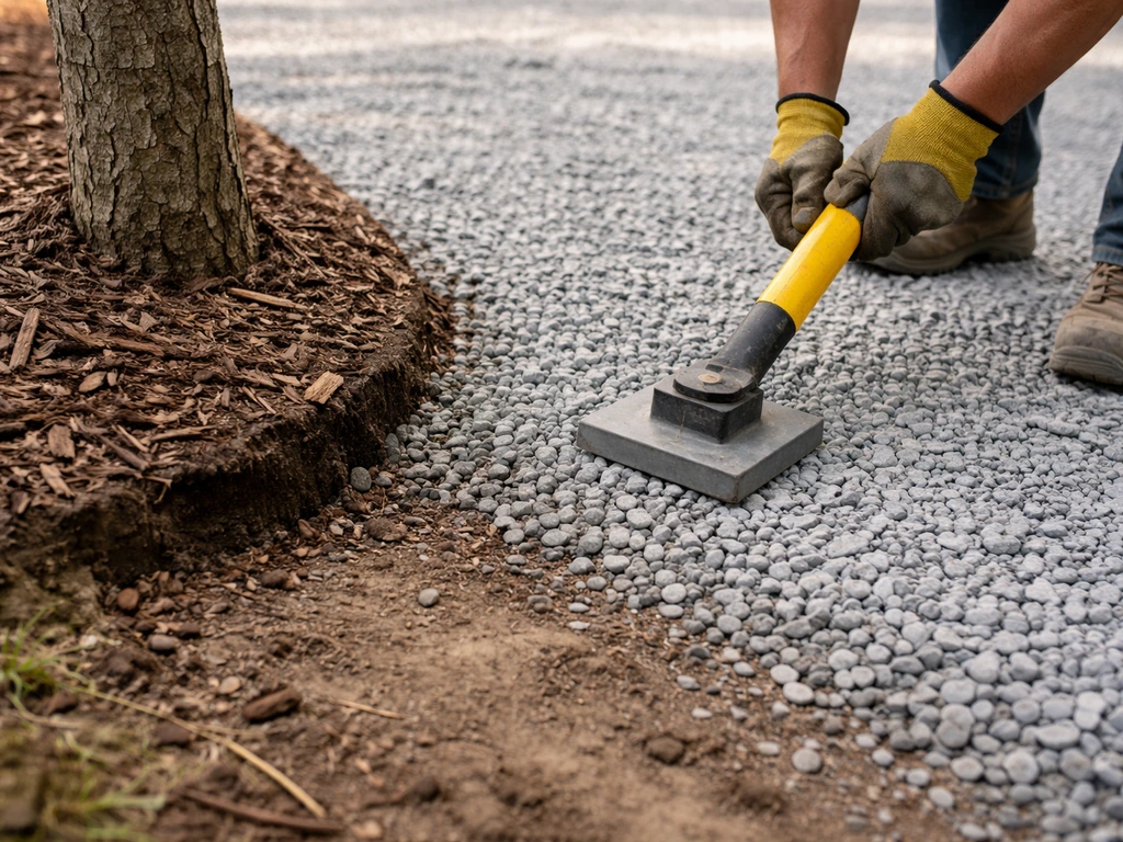 Worker compacting crushed stone subbase with a hand tamper near a tree, minimal site view
