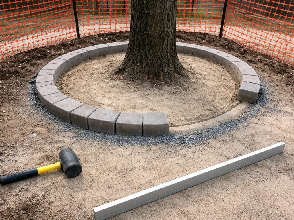 Edging and first paver rows installed around a fenced tree trunk opening