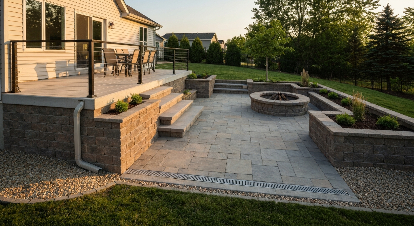 Wide-angle photorealistic view of a finished multi-level backyard patio showing an upper dining terrace, steps to a lower lounge with fire pit, segmental retaining wall with planted beds, drainage channel, and cable guardrail.