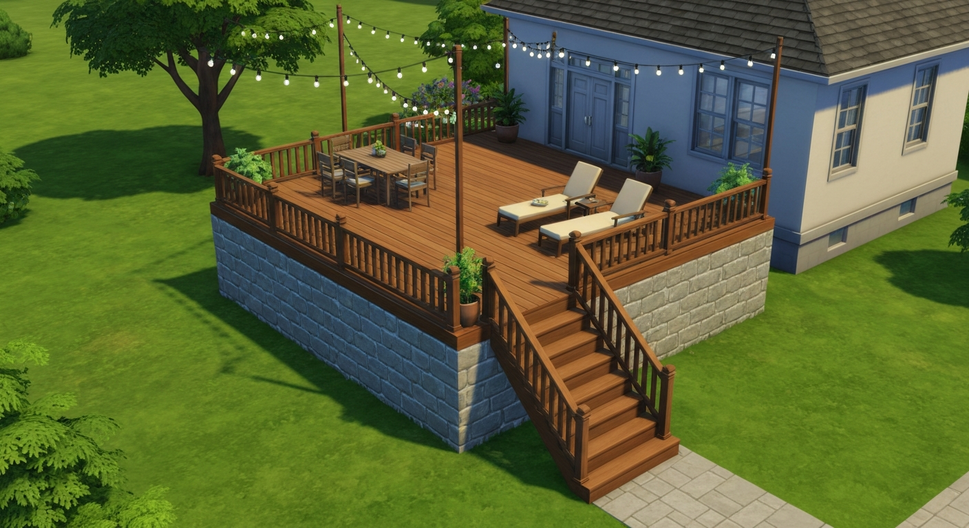 Isometric view of a finished Sims‑style raised patio attached to a house: stone-trimmed platform with wooden decking, straight stairs with railings, outdoor furniture, plants and string lights. No UI elements.